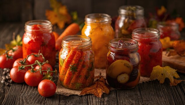 Harvested autumn vegetables and preserved jam in jars, fiber-dense choice