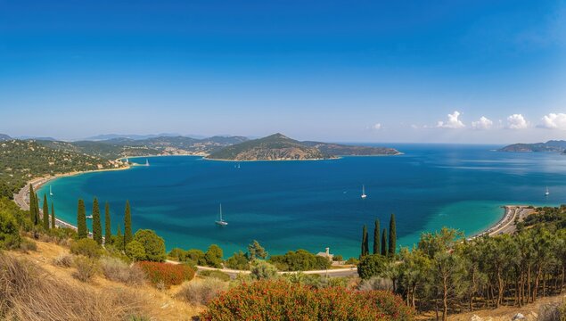 Panoramic view of Kapsali bay on Kythera island, showcasing seasonal change