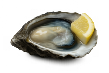 Fresh raw oyster on a half shell with lemon wedge, gourmet seafood appetizer on transparent background