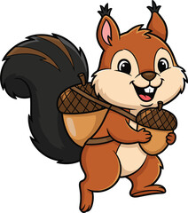 Cartoon squirrel holding acorns, cute forest animal, cheerful rodent character, bushy tail, kids illustration, woodland creature, smiling squirrel design