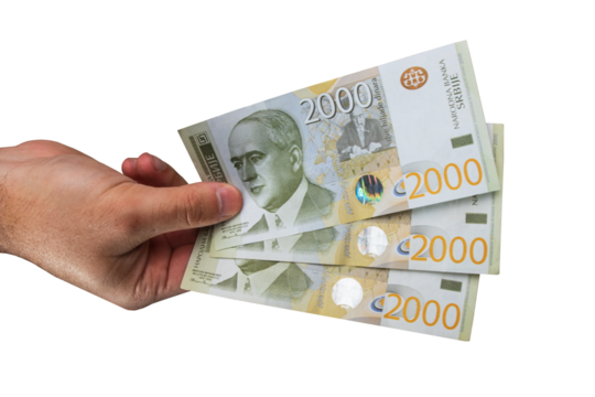 A male hand holding money in his hand. A hand holding Serbian dinars. Money in hand