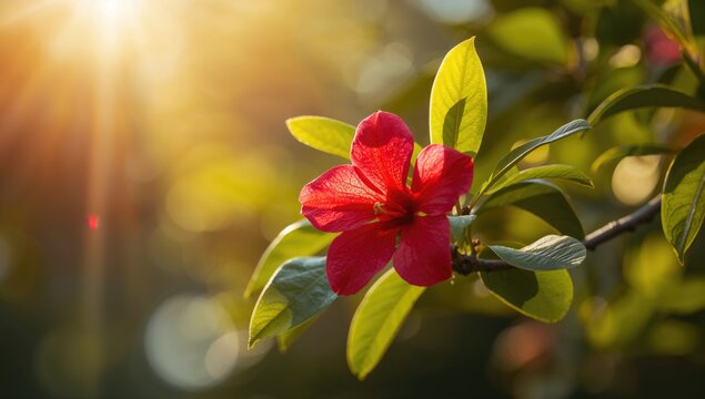 Red bloom on orchid tree, vibrant floral detail, seasonal change