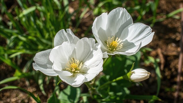 Lovely white flowers bloom at dawn
