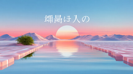 Surreal sunset landscape with reflective water and geometric platforms