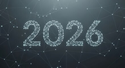 The year 2026 constructed from a glowing white abstract geometric wireframe network