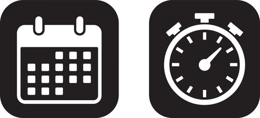 Fototapeta premium Calendar and stopwatch icons simple flat vector design elements for time management isolated on bla