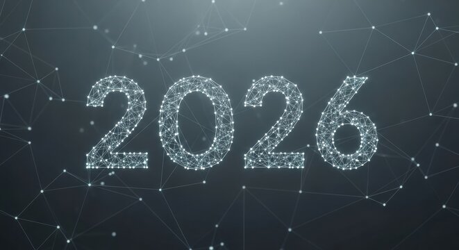 The year 2026 constructed from a glowing white abstract geometric wireframe network