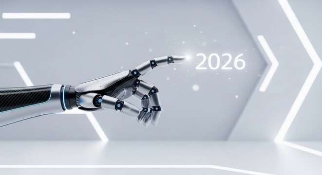 Advanced robotic hand touching a glowing 2026 on a futuristic white interface or screen - Powered by Adobe