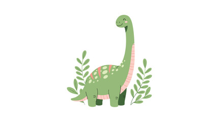 Fototapeta premium A happy cartoon green long-necked dinosaur with pink accents and white spots stands smiling amidst green foliage, perfect for children's designs.