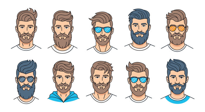 A collection of diverse cartoon men's faces featuring various modern hairstyles, trendy beards, and stylish accessories.