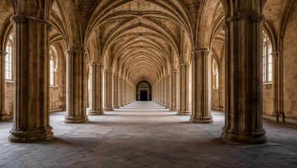 Naklejka premium A long vaulted corridor featuring stone columns and a tiled floor in a cathedral, emphasizing historical architecture