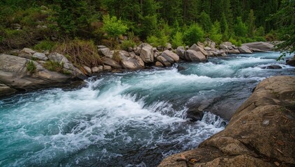 Fototapeta premium Scenic view of a mountain river during summer, highlighting the rapid flow of water and surrounding natural features, seasonal change
