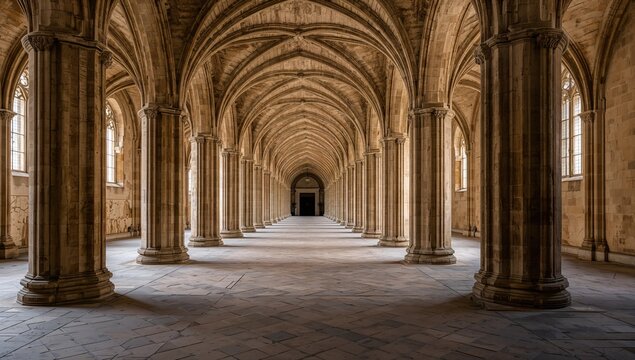 A long vaulted corridor featuring stone columns and a tiled floor in a cathedral, emphasizing historical architecture