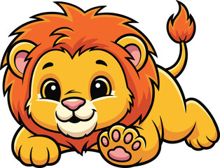 Cute cartoon lion cub illustration, playful animal character, cheerful jungle wildlife, adorable baby lion, kids design, orange mane, friendly pose