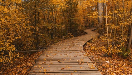 A wooden pathway winds through a forest in autumn, encircled by a rich array of golden and amber foliage, seasonal change