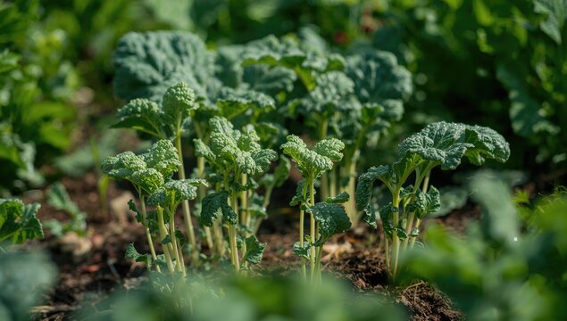 Young green kale plants thriving in a garden, fiber-dense choice - Powered by Adobe