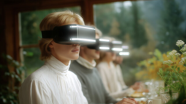 Virtual reality family/friends connected in cozy home