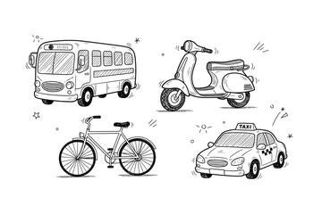 Cartoon transportation: bus, scooter, bicycle, taxi line art illustration