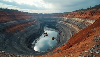 Massive open pit mine with water filled crater and heavy machinery. Excavators work in quarry, extracting earth and minerals. Industrial site shows stratified rock layers under cloudy sky.