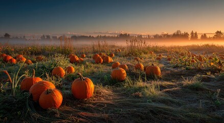 Golden hour illuminates a pumpkin patch at dawn, shrouded in mist under a tranquil sky