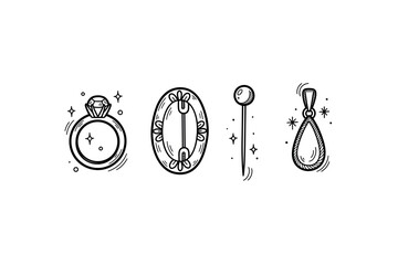 Hand-drawn jewelry icons: ring, brooch, pin, teardrop earring illustrations