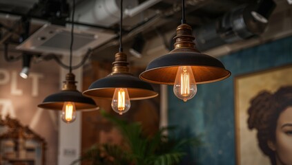 Old lamps hanging from the ceiling, vintage charm, preservation