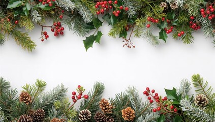 Winter and Christmas greenery border featuring holly, ivy, pine cones, cedar cypress, and fir leaf sprigs, seasonal decor