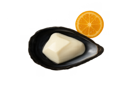 Mussel shell with a delicate savory tofu square and a citrus kumquat slice, elegant vegetarian appetizer concept