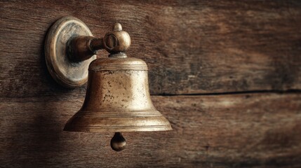 Antique brass bell hanging on a rustic wooden wall with rich textures, showcasing the beauty of vintage craftsmanship in a charming setting
