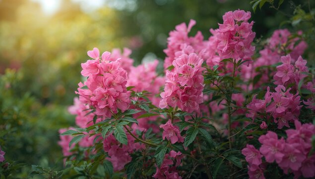 Pink flowering bush, vibrant natural setting, ideal for editorial header background