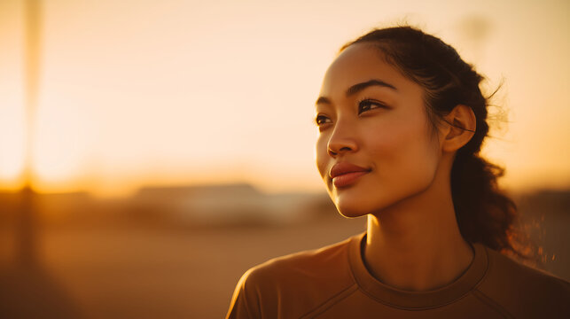 Mixed race woman in brown running tshirt, smiling, gazing into distance at golden hour