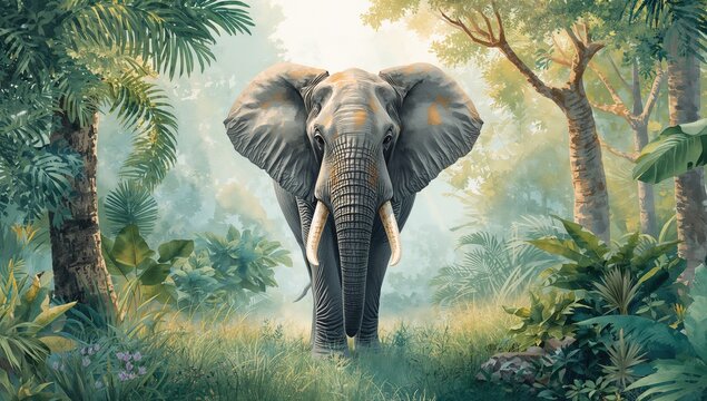 Watercolor depiction of an elephant in a forest setting, highlighting the theme of wildlife preservation