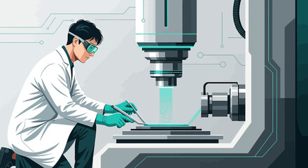 Innovative nanotechnology research scientist using advanced equipment for microchip manufacturing