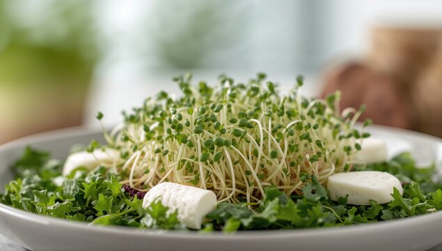 Raw Sprouts Microgreens, Fresh Green Salad with mozzarella cheese, fiber-dense choice