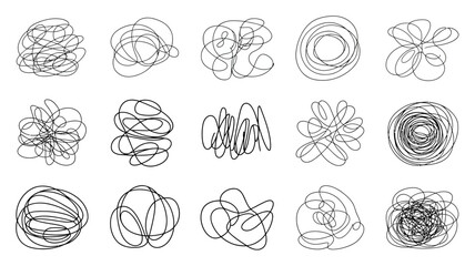 Collection of hand-drawn tangled scribble lines representing confusion, complexity, problem, solution, brain processes, and intricate ideas