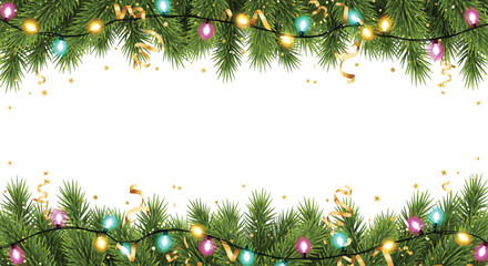 Christmas border illustration—pine branches with colorful lights, golden stars, and ribbon curls for festive greeting card and banner visuals © Vex flow