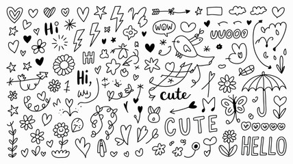 A playful collection of hand drawn doodle icons and design elements featuring hearts, stars, flowers, and cheerful symbols in a whimsical line art style.