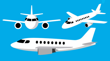 Collection of white airplanes and private jets in various perspectives, representing air travel, global transport, and modern aviation concepts.