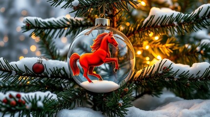 Red Horse Christmas Ornament on Snowy Pine Tree Festive Winter Holiday Decoration_10