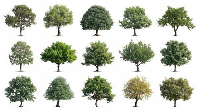Collection of Isolated Trees on white background, ideal for architectural design or decorative applications