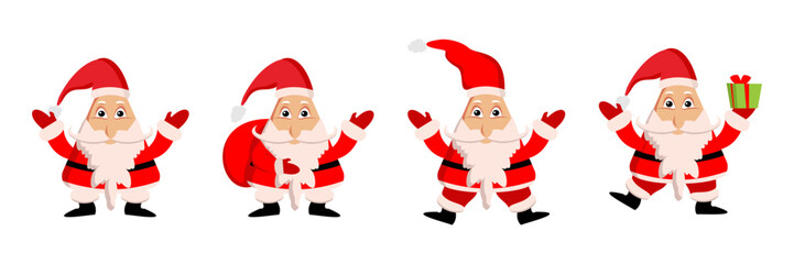 Christmas Santa Set. Happy Santa carrying Christmas gift bag. Funny and cute character Santa Claus.