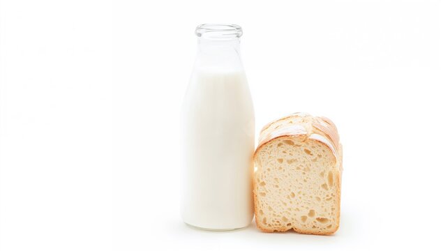 Plastic bottle filled with milk alongside a slice of bread on a plain white surface, fiber-dense choice