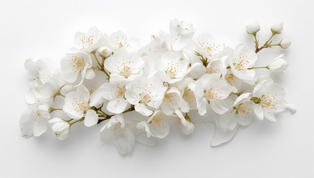 White flowers and bird cherry inflorescences on a light backdrop, suitable for editorial header background