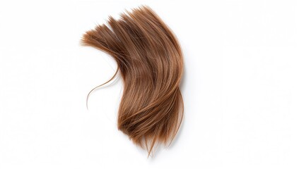 A strand of natural brunette hair against a white backdrop, suitable for hair care product promotion