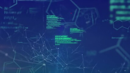 Abstract digital illustration with code, geometric shapes, and a network of lines on a blue backdrop - Powered by Adobe