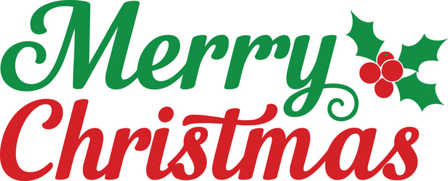 Merry Christmas typography illustration—green and red festive text with holly leaves and berries for seasonal greeting and holiday visuals