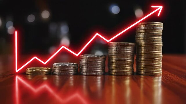 Stack of coins and a red arrow graph showing growth on a wooden table against blurred light bokeh, concept for financial planning, investment strategy and savings growth