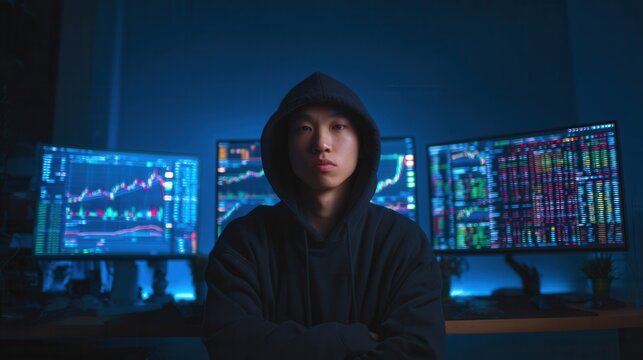 Portrait of Young Man Wearing A Hoodie Working Late Night On Financial Trading Charts And Stock Market Data Displays On Multiple Computer Screens Behind