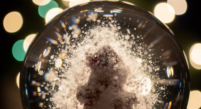 Christmas tree in a snow globe with a festive bokeh background.