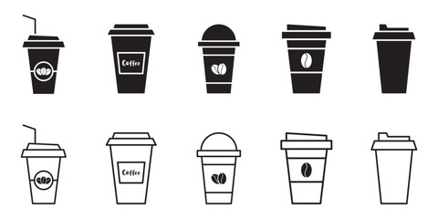 Coffee cup icons vector set in line and flat style. Disposable coffee cup. Coffee paper cup, plastic container for hot and cold drink, juice, tea, cocoa and other. Vector illustration